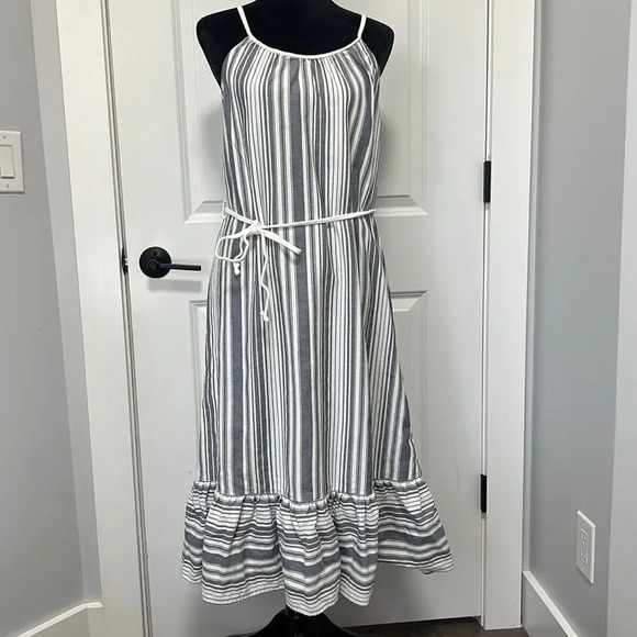 NWT VINCE CAMUTO Dobby Stripe Midi Ruffle Hem Sundress sz Small New Ivory - Picture 3 of 9